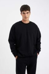 Erkek Siyah Oversize Fit Bisiklet Yaka Kalın Kumaş Basic Düz Sweatshirt
