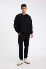 Erkek Siyah Oversize Fit Bisiklet Yaka Kalın Kumaş Basic Düz Sweatshirt