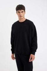 Erkek Siyah Oversize Fit Bisiklet Yaka Kalın Kumaş Basic Düz Sweatshirt