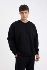 Erkek Siyah Oversize Fit Bisiklet Yaka Kalın Kumaş Basic Düz Sweatshirt